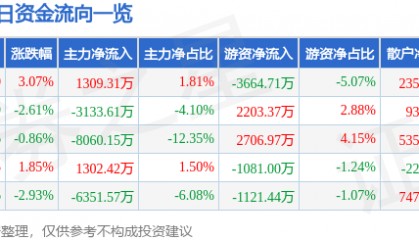 新力金融(600318)7月24日主力资金净买入1309.31万元