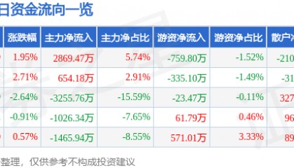 新力金融(600318)5月30日主力资金净买入2869.47万元