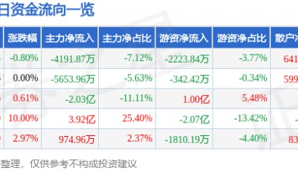 新力金融(600318)6月30日主力资金净卖出4191.87万元