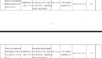 防城港防城国民村镇银行被罚28.1万元:未按照规定报送大额交易报告