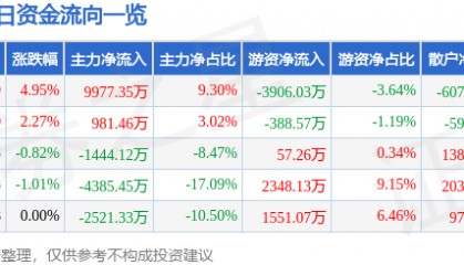 新力金融(600318)8月12日主力资金净买入9977.35万元