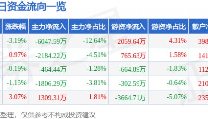 新力金融(600318)7月30日主力资金净卖出6047.59万元