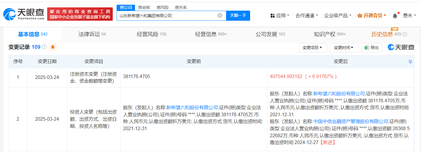 中信金融资产入股新希望六和