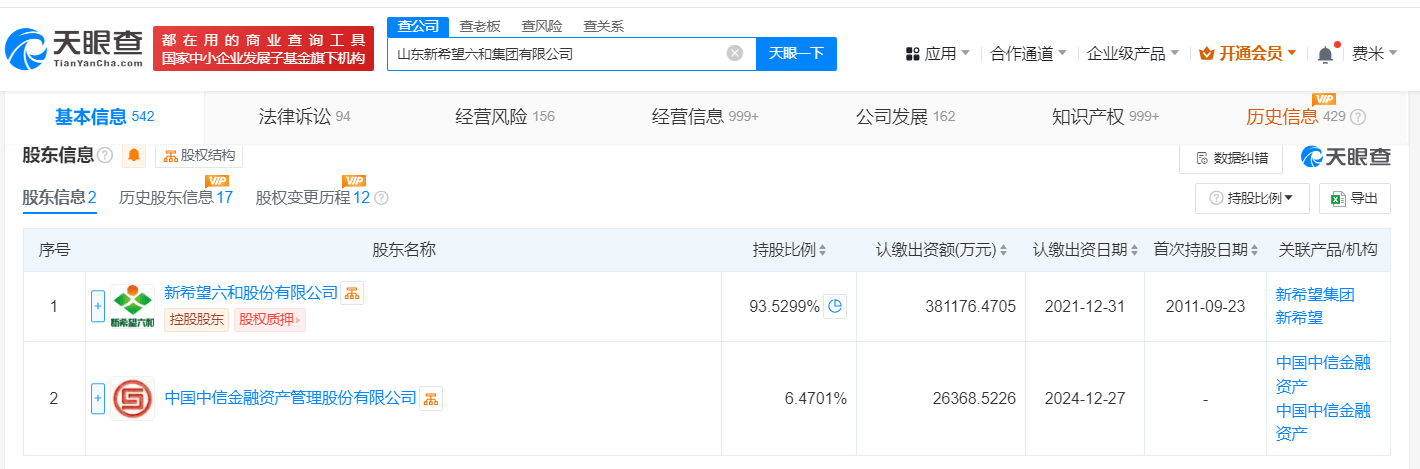 中信金融资产入股新希望六和