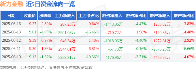 新力金融（600318）6月16日主力资金净买入207.23万元