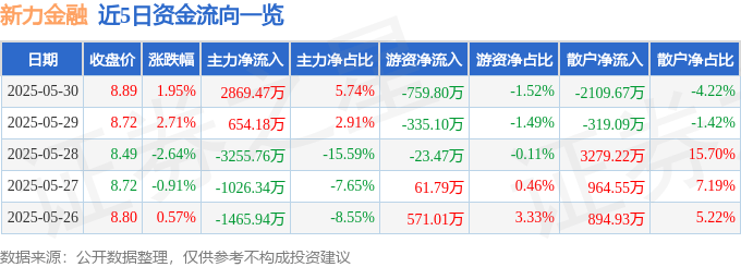 新力金融（600318）5月30日主力资金净买入2869.47万元