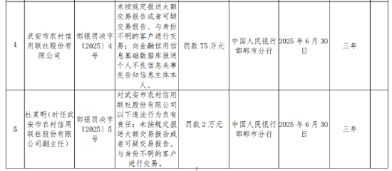 武安市农村信用联社被罚75万元:未按规定报送大额交易报告或者可疑交易报告等